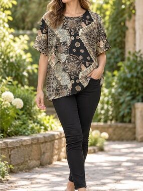 Vintage silk Stunt Collections Patchwork Print Short Sleeve Blouse Black Beige M